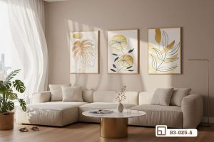 B3 025 A m4 tranh duong net hoa la bo ba ket hop sofa phong khach hien dai xuongtranhcanvas