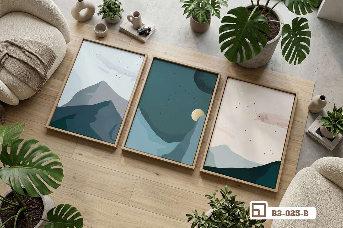 bộ tranh phong cảnh tối giản góc nghiêng tinh tế cho phòng khách Góc chụp nghiêng bộ tranh phong cảnh tối giản hiện đại đặt trên sàn nhà mộc mạc bên ánh sáng dịu nhẹ