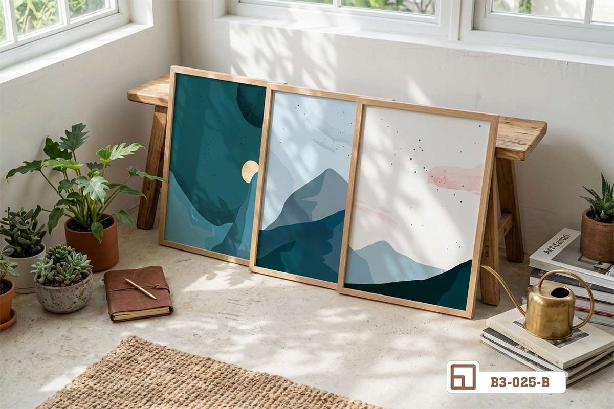 tranh phong cảnh tối giản tựa sàn nghệ thuật không gian mở Bộ tranh phong cảnh tối giản tựa sàn gỗ trong không gian mở đón ánh sáng tự nhiên ngập tràn năng lượng