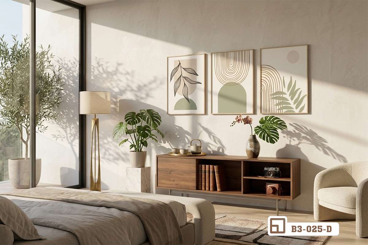 tranh la cay nghe thuat treo phong ngu am ap Không gian phòng ngủ ấm áp điểm xuyết bộ tranh lá cây nghệ thuật dịu mát