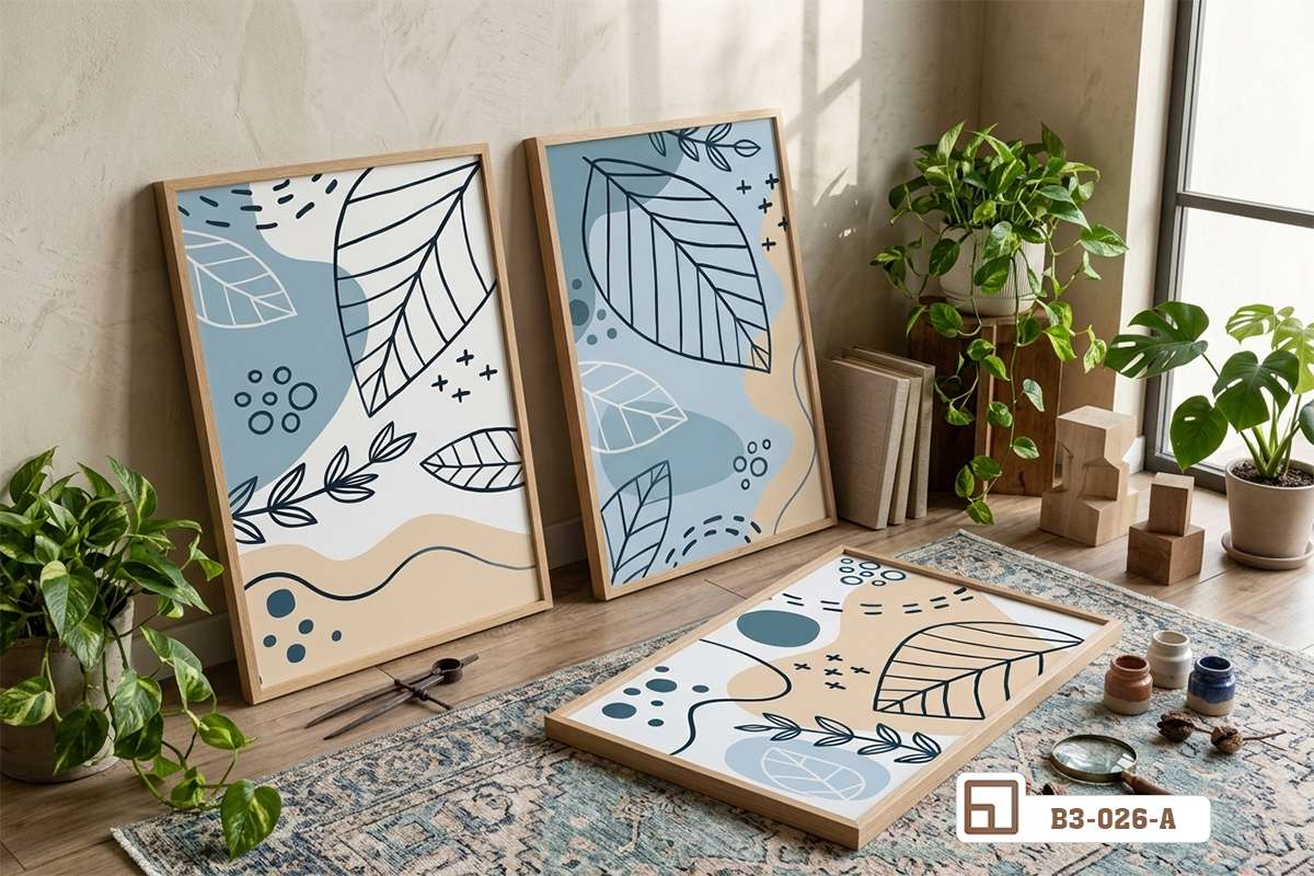 tranh lá cây hiện đại khung gỗ trưng bày xưởng cao cấp đặt tựa sàn nhà Bộ tranh lá cây hiện đại khung gỗ mộc đặt tựa sàn nhà trên thảm hoa văn dệt