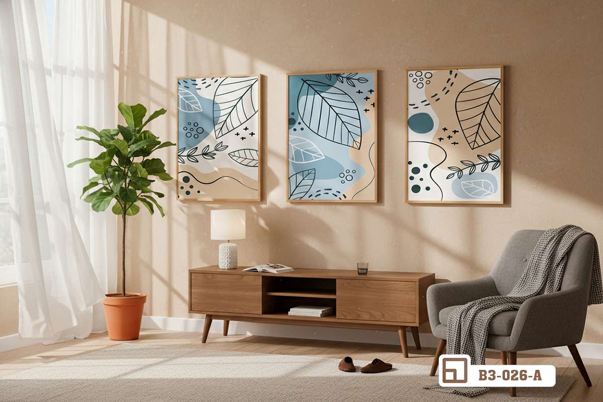 mẫu tranh lá cây hiện đại tối giản cho tường nhà kết hợp cây xanh góc phòng Không gian tối giản với bộ tranh lá cây nghệ thuật và chậu cây xanh tươi mát