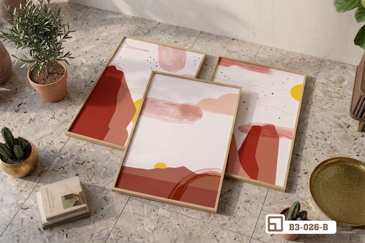 tranh phong cảnh hoàng hôn đặt trên bàn trang trí Bộ tranh phong cảnh hoàng hôn sắp đặt nghệ thuật trên chiếc bàn gỗ trang trí mộc mạc