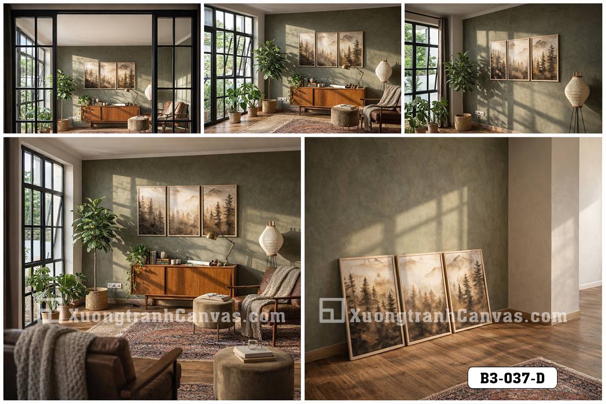 Tranh Canvas Rừng Thông Nắng Vàng Nghệ Thuật Màu Nước Sang Trọng