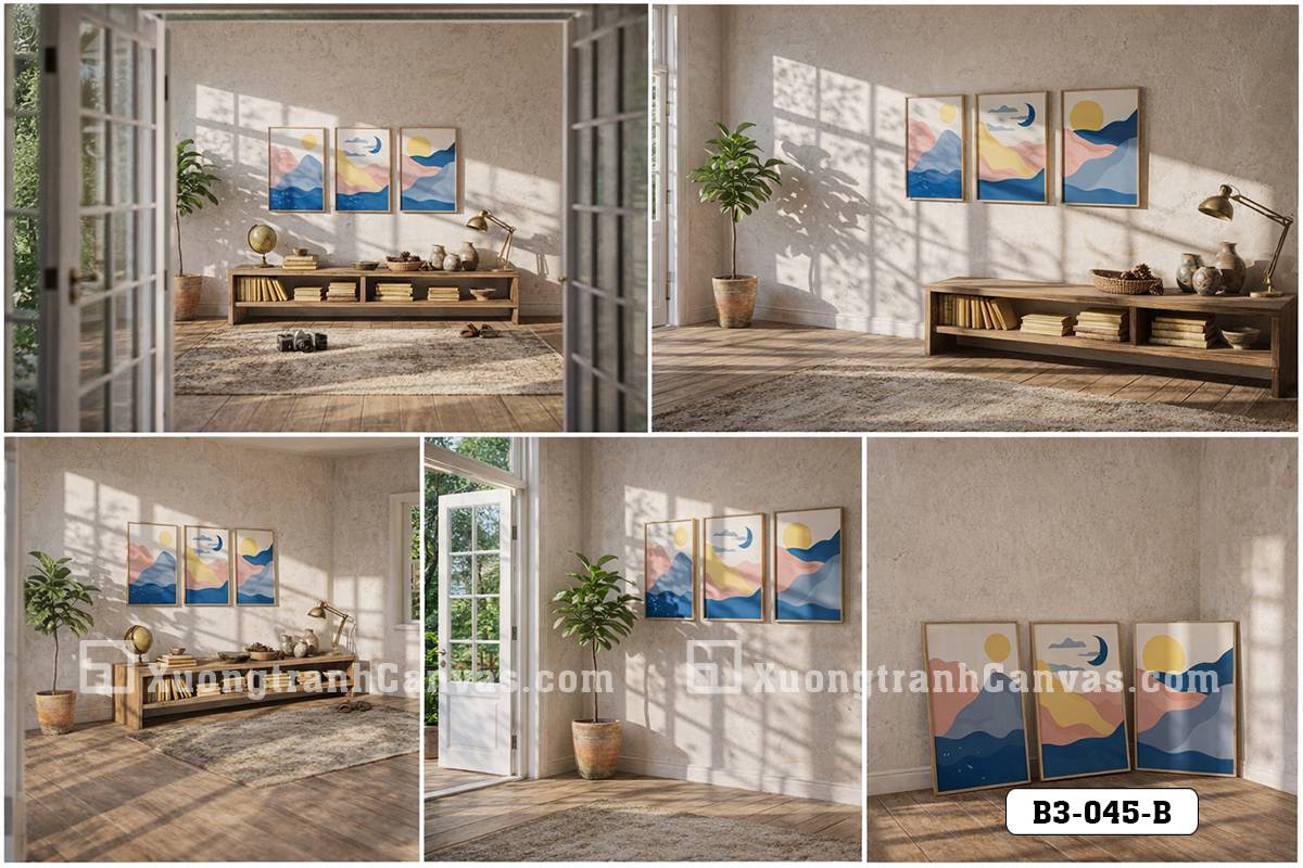 Tranh Canvas Phong Cảnh Đồi Núi Trừu Tượng Tông Xanh Hồng Pastel Hiện Đại