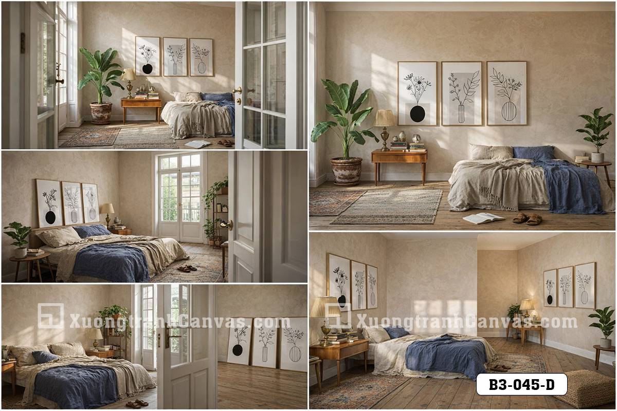 Tranh Canvas Nghệ Thuật Line Art Tối Giản Tông Đen Trắng Kem Hiện Đại
