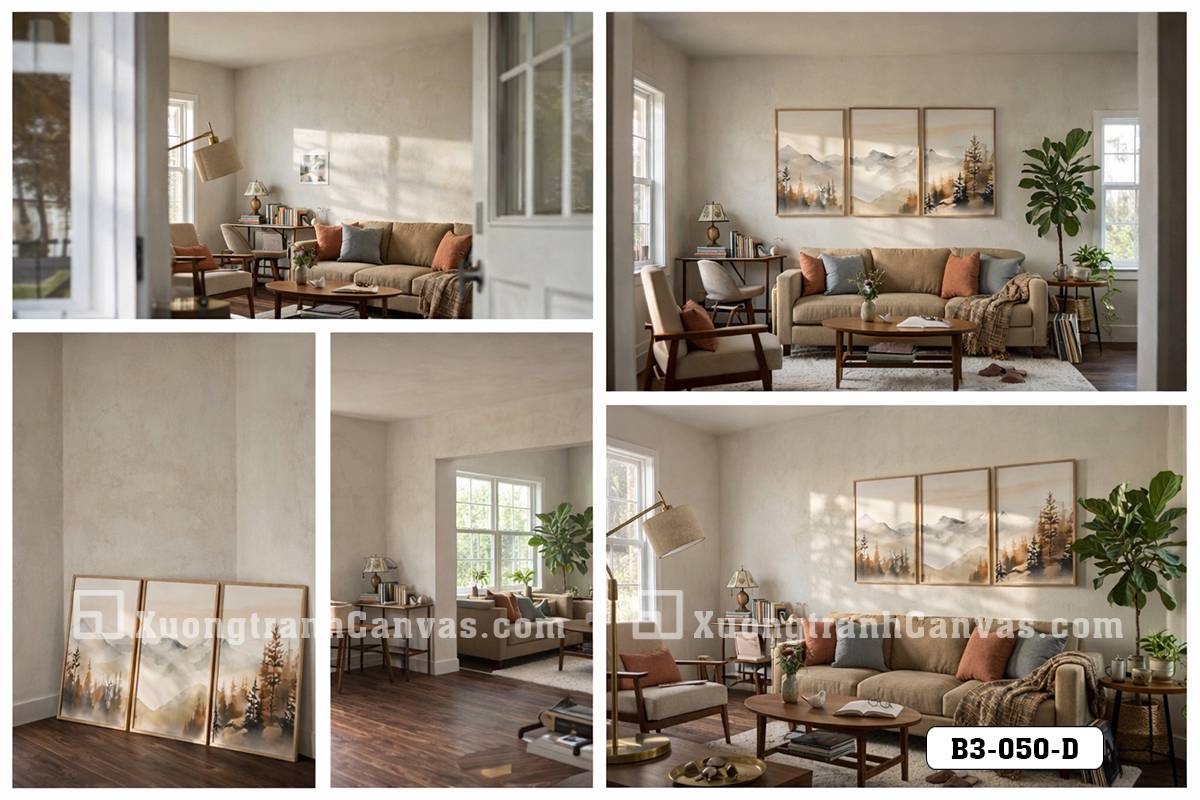 Tranh Canvas Nghệ Thuật Núi Non Sương Mờ Tông Màu Đất Ấm Áp Hiện Đại