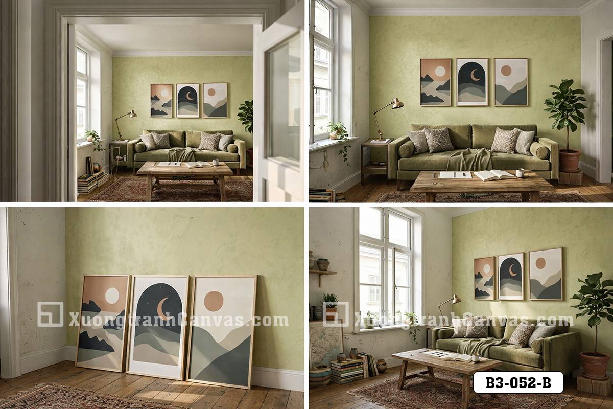 Tranh Canvas Nghệ Thuật Nhật Nguyệt Trừu Tượng Tông Màu Đất Tĩnh Lặng