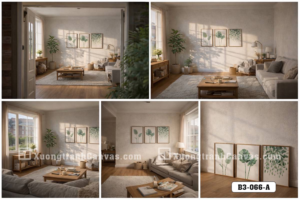 Tranh Canvas Lá Nhiệt Đới Tông Màu Be-Phong Cách Hiện Đại
