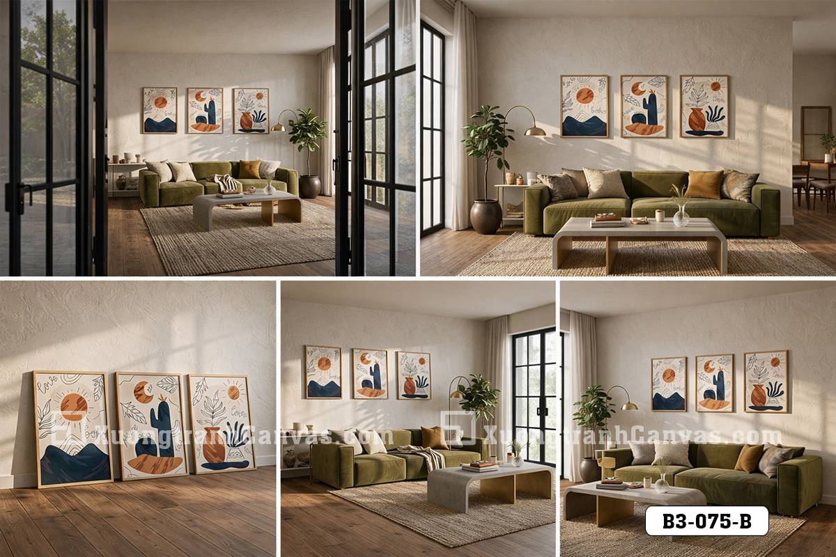 Tranh Canvas Boho Thiên Nhiên Tông Màu Đất-Bộ 3 Bức Nghệ Thuật