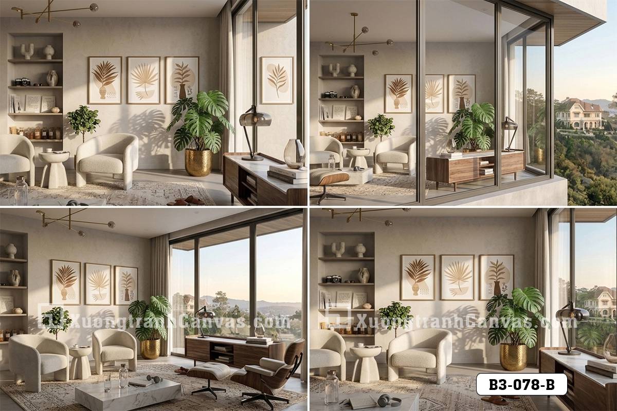 Tranh Canvas Boho Thực Vật Tông Màu Be Nâu Đất Tối Giản Hiện Đại