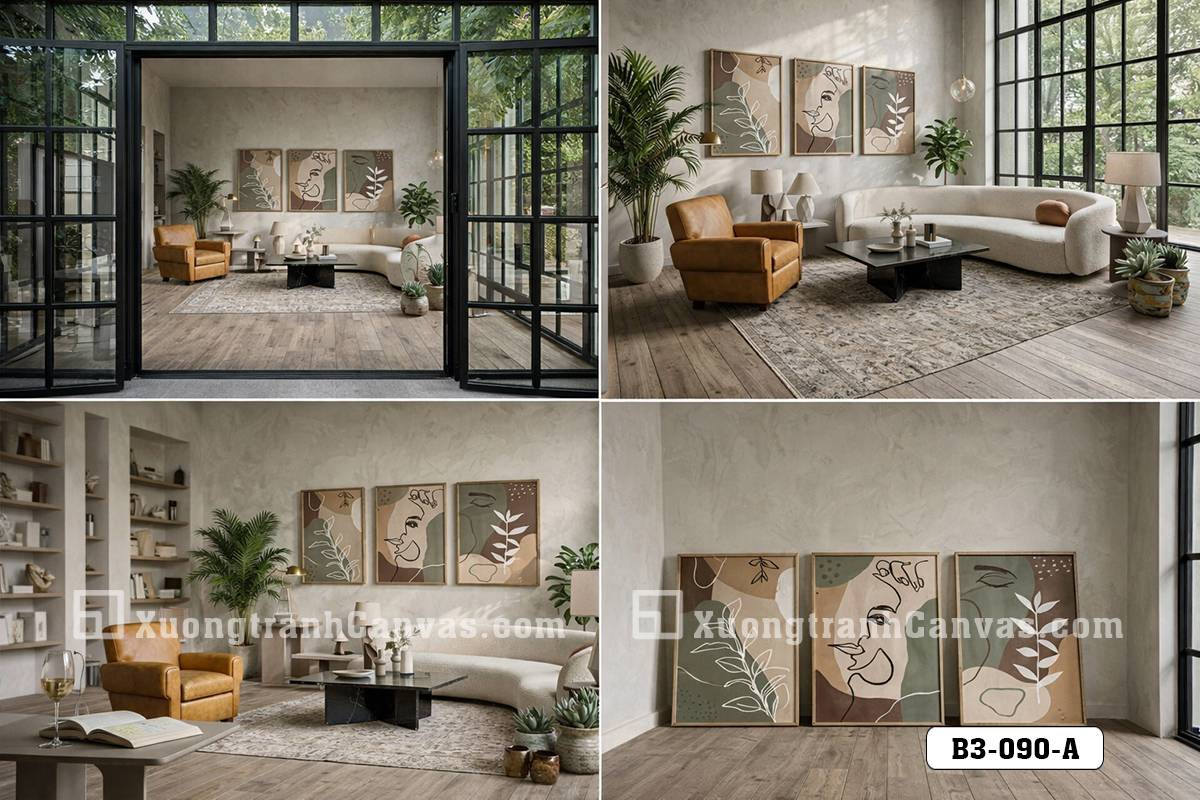 Tranh Canvas Nghệ Thuật Line Art Mặt Người Tông Xanh Rêu Cam Đất Hiện Đại