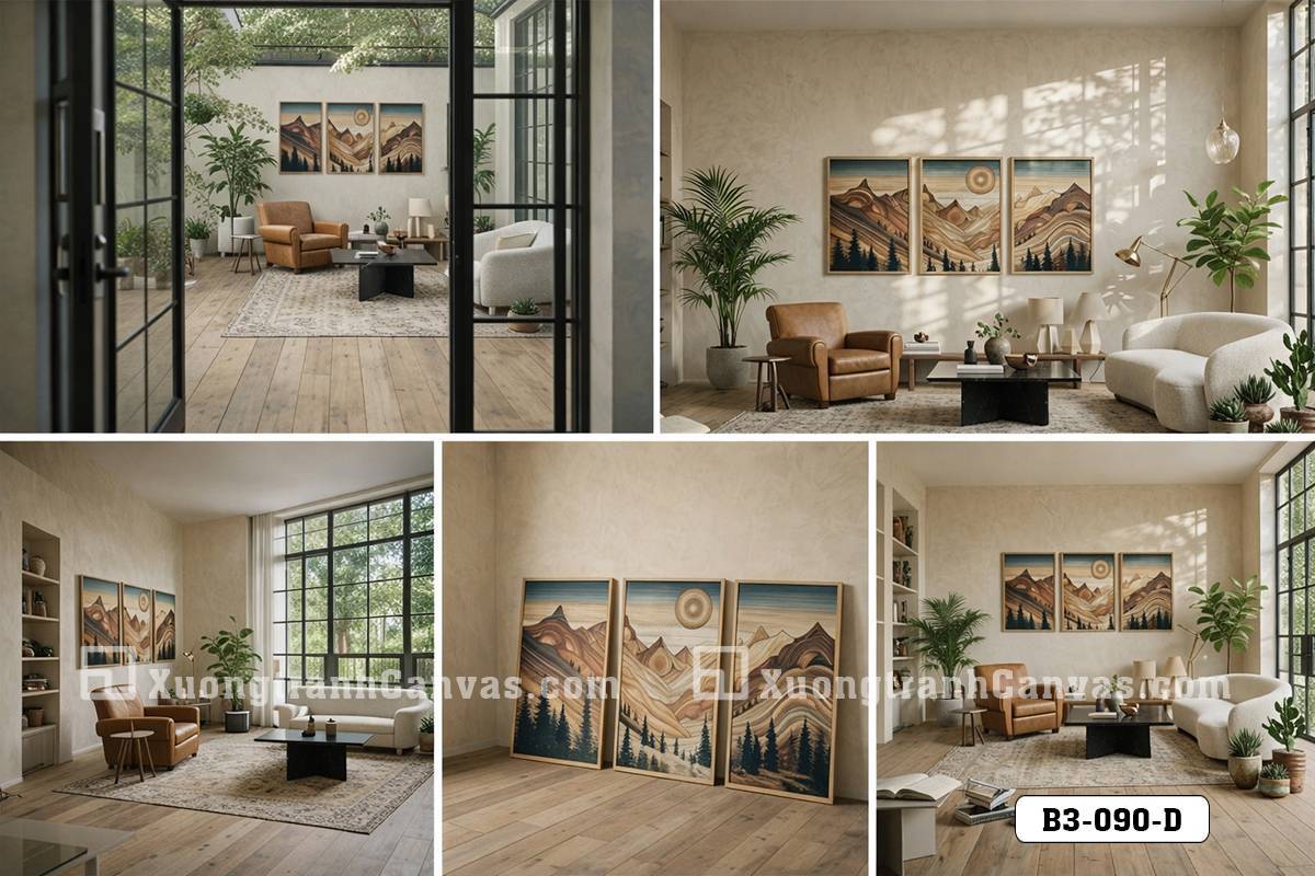 Tranh Canvas Bộ Ba Đồi Núi Lớp Gỗ Trừu Tượng Tông Nâu Ấm Phong Cách Organic Modern