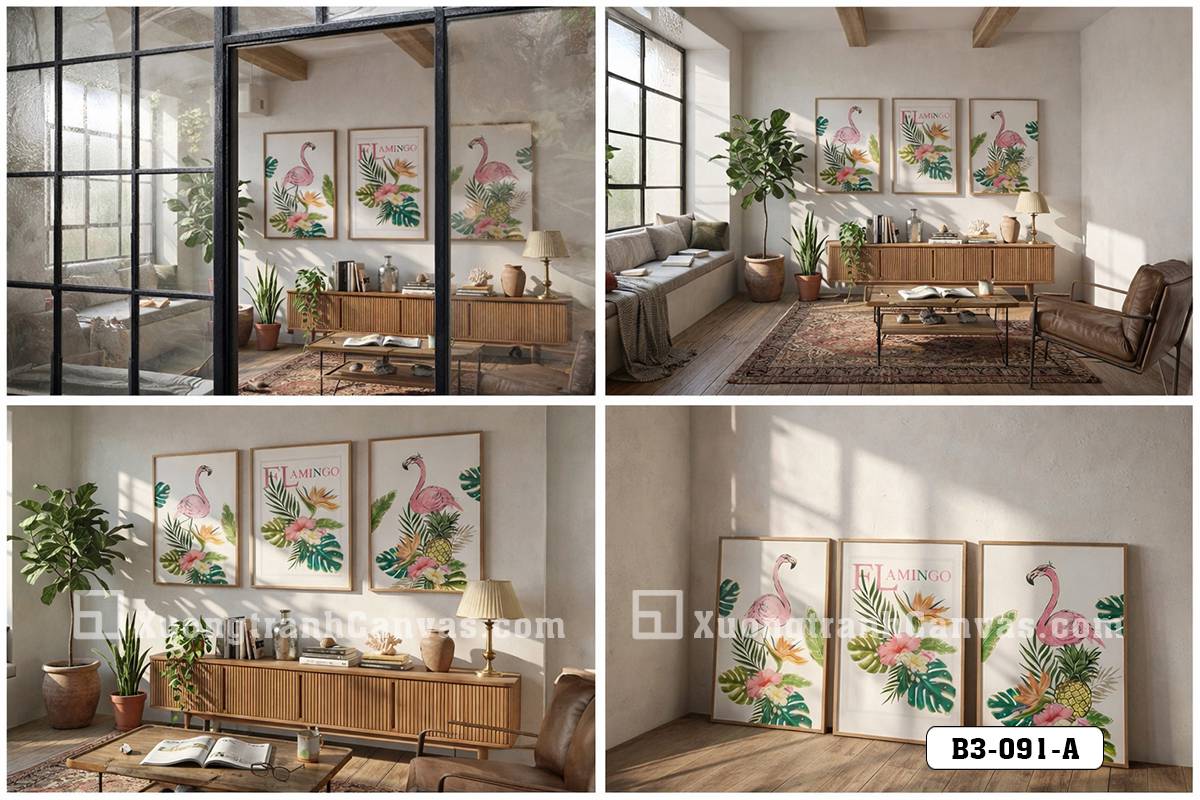 Tranh Canvas Chim Hồng Hạc Tropical Tông Hồng Xanh Tươi Mát