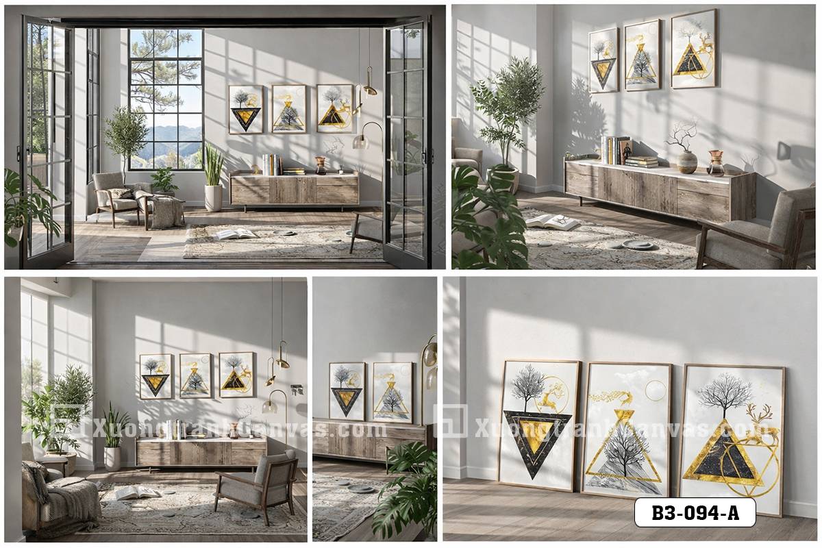 Tranh Canvas Bộ Ba Hươu Vàng Và Hình Khối Trừu Tượng Phong Cách Neo Classic