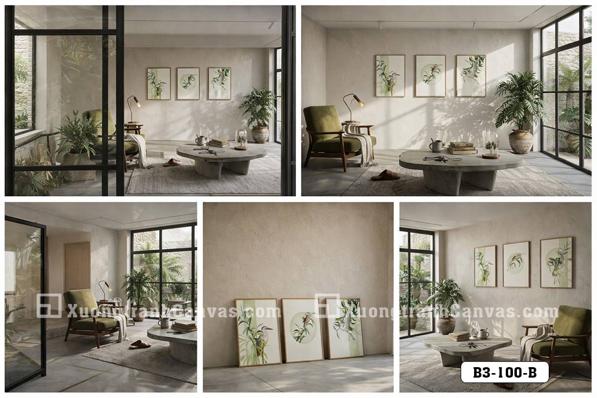 Tranh Canvas Chim Và Hoa Nghệ Thuật Zen Hiện Đại Tông Xanh Lá