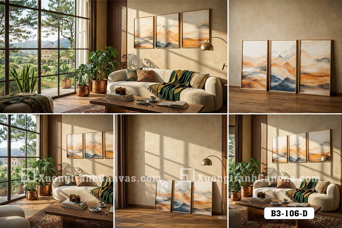 Tranh Canvas Bộ 3 Trừu Tượng Phong Cảnh Tông Màu Vàng Cát Sang Trọng