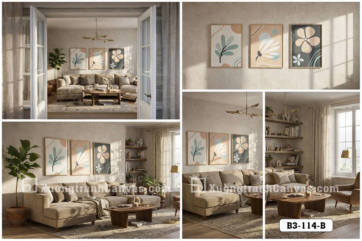 Tranh Canvas Nghệ Thuật Trừu Tượng Hoa Lá Tối Giản Tông Màu Pastel Modern
