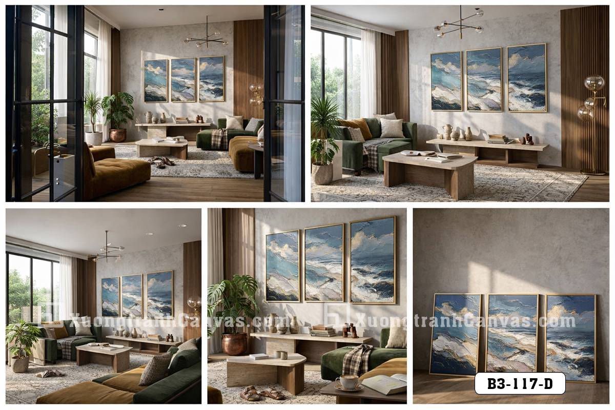 Tranh Canvas Nghệ Thuật Trừu Tượng Đại Dương Tông Xanh Vàng Sang Trọng