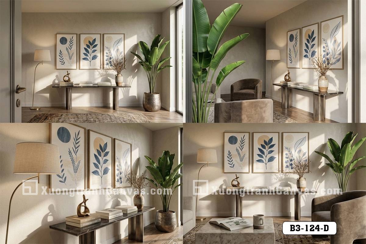 Tranh Canvas Lá Cây Trừu Tượng Tông Xanh Dương Teal Hiện Đại