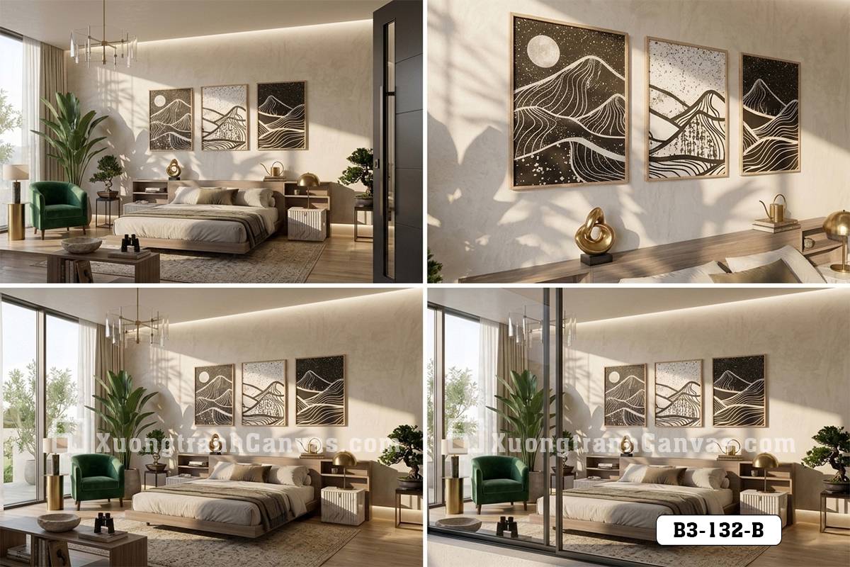 Tranh Canvas Line Art Trừu Tượng Đen Trắng Núi Non Hùng Vĩ