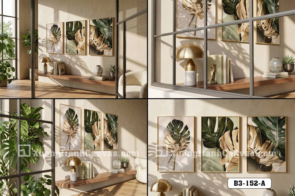 Tranh Canvas Lá Monstera Vàng Kim Tropical Hiện Đại Sang Trọng