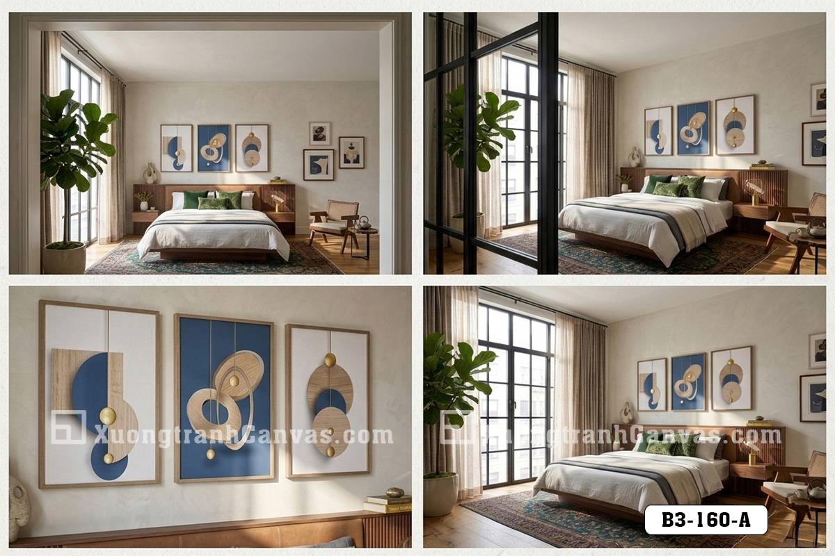Tranh Canvas Nghệ Thuật Hình Khối Tối Giản Xanh Coban Vàng Đồng