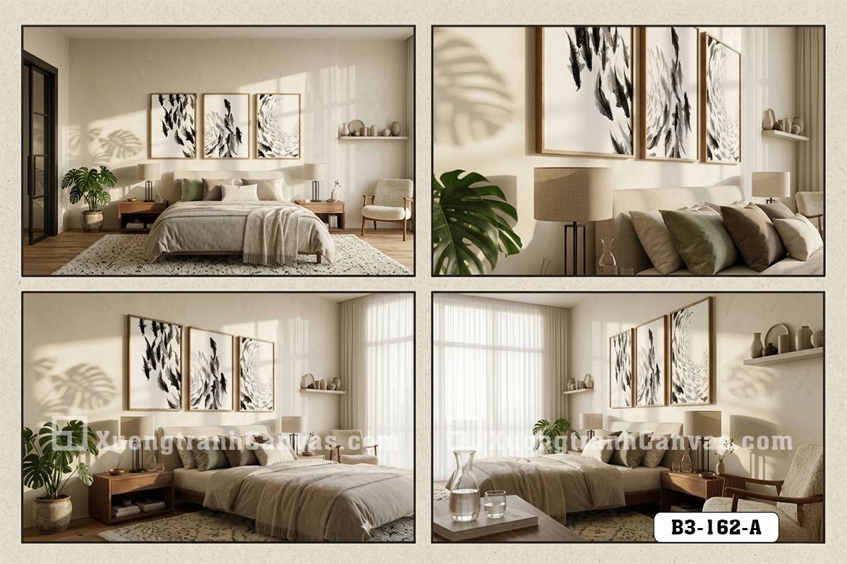 Tranh Canvas Cửu Ngư Quần Hội Thủy Mặc Đen Trắng Nghệ Thuật