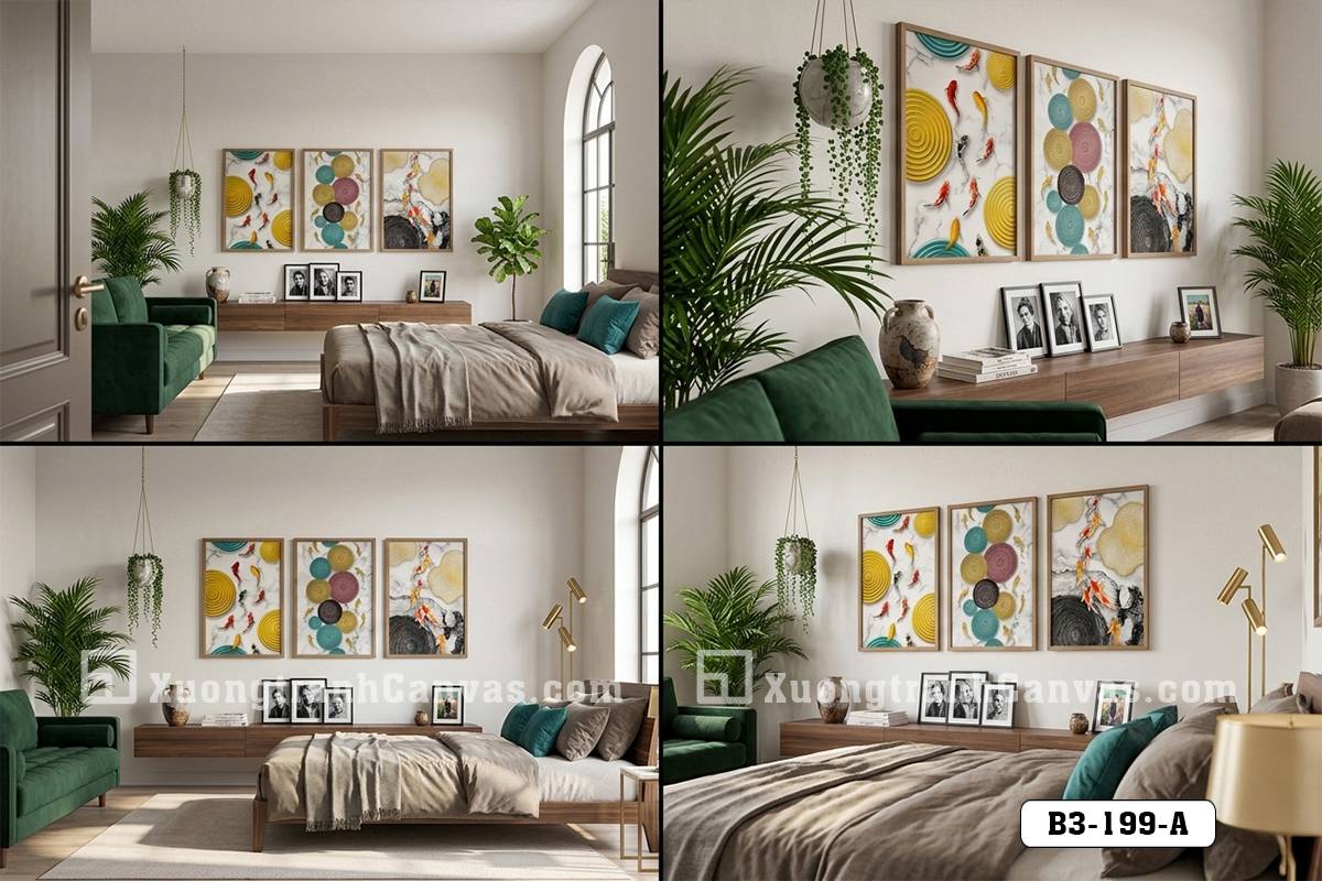Tranh Canvas Cá Koi Cửu Ngư Quần Hội Trừu Tượng Sang Trọng