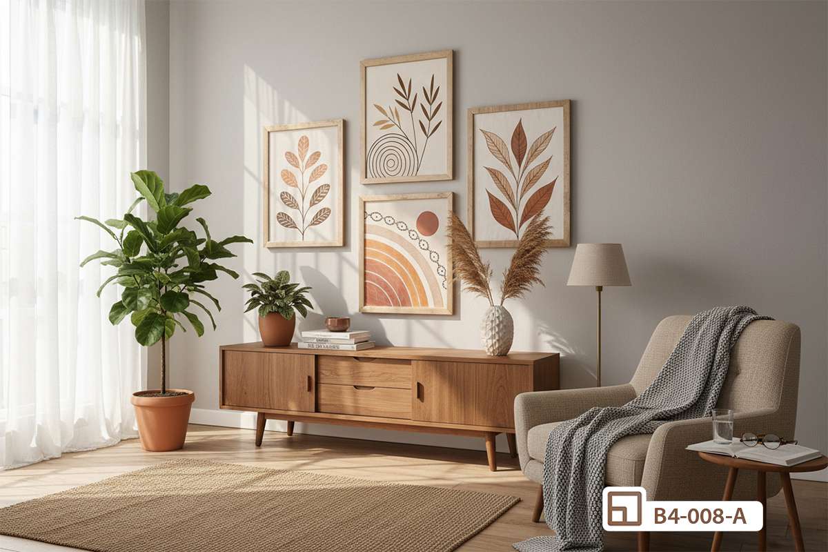 tranh lá cây nghệ thuật treo tường phòng khách hiện đại cạnh sofa góc rộng bộ tranh treo tường lá cây nghệ thuật phòng khách kết hợp tủ gỗ và ánh sáng tự nhiên