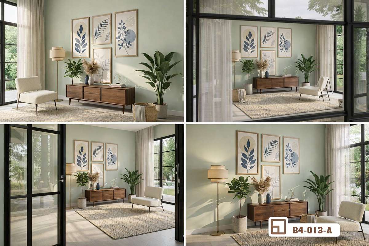 tranh lá cây tối giản đa góc nhìn trong phòng khách Phối cảnh đa góc nhìn của bộ tranh lá cây tối giản trong không gian nội thất phòng khách rộng mở