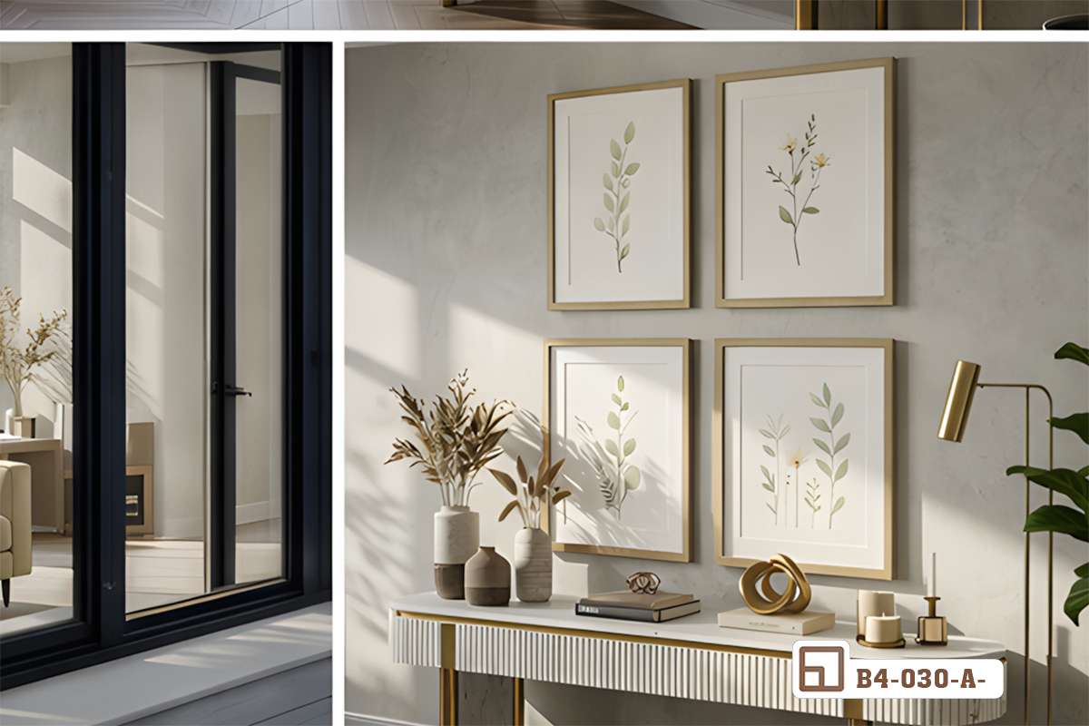 tranh lá cây tối giản khung gỗ mỏng gần khung cửa kính bộ tranh lá cây tối giản đón ánh nắng chiếu qua khung cửa sổ
