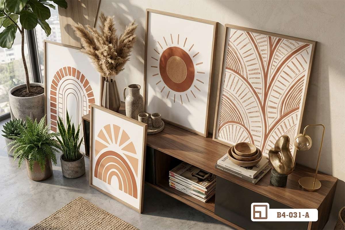 bộ tranh bohemian tựa kệ gỗ phòng khách hiện đại Bộ tranh phong cảnh bohemian sắp đặt nghệ thuật tựa kệ gỗ thấp trong phòng khách hiện đại ngập tràn ánh sáng tự nhiên.