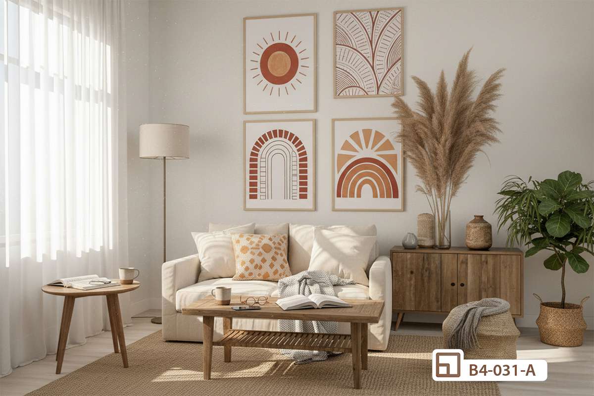 tranh thổ dân treo tường phòng khách ghế sofa sáng màu Không gian phòng khách sáng màu với ghế sofa kem bố trí bộ tranh thổ dân bohemian mang hơi hướng tối giản ấm cúng.