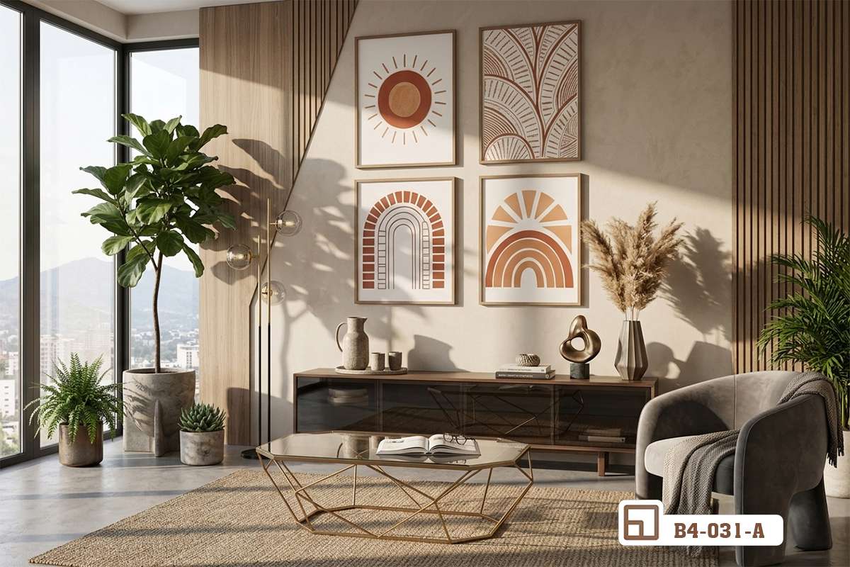 bộ tranh canvas bohemian trang trí mảng tường trống phòng khách Bộ tranh canvas bohemian treo tường cao ráo kết hợp tủ gỗ dài và chậu cây xanh mát tạo điểm nhấn tinh tế cho phòng khách.