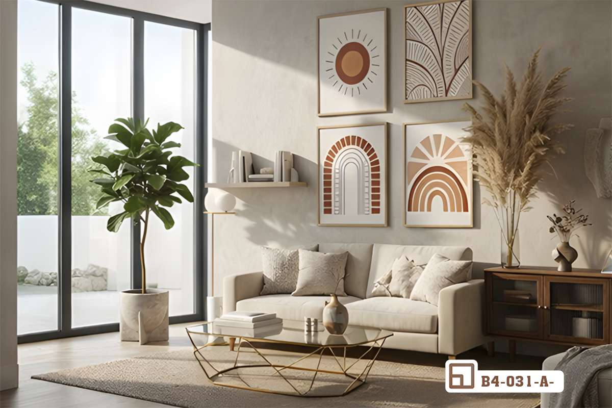 bộ tranh thổ dân bohemian treo tường trên ghế sofa phòng khách Bộ tranh thổ dân bohemian bốn bức đồng bộ treo gọn gàng trên mảng tường trống phía sau ghế sofa màu trung tính.