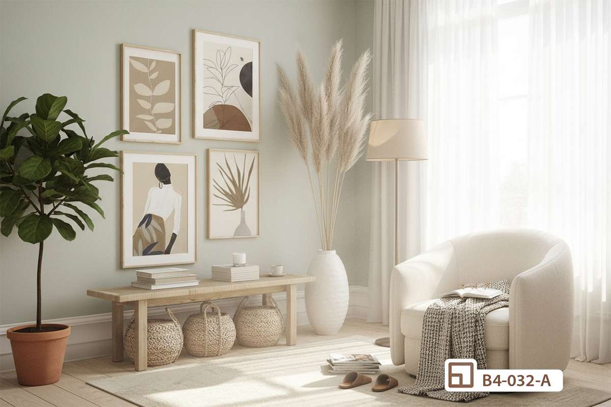 bộ tranh tối giản treo tường phòng khách cạnh ghế sofa sáng màu Không gian phòng khách sang trọng với bộ tranh tối giản treo tường cạnh ghế sofa