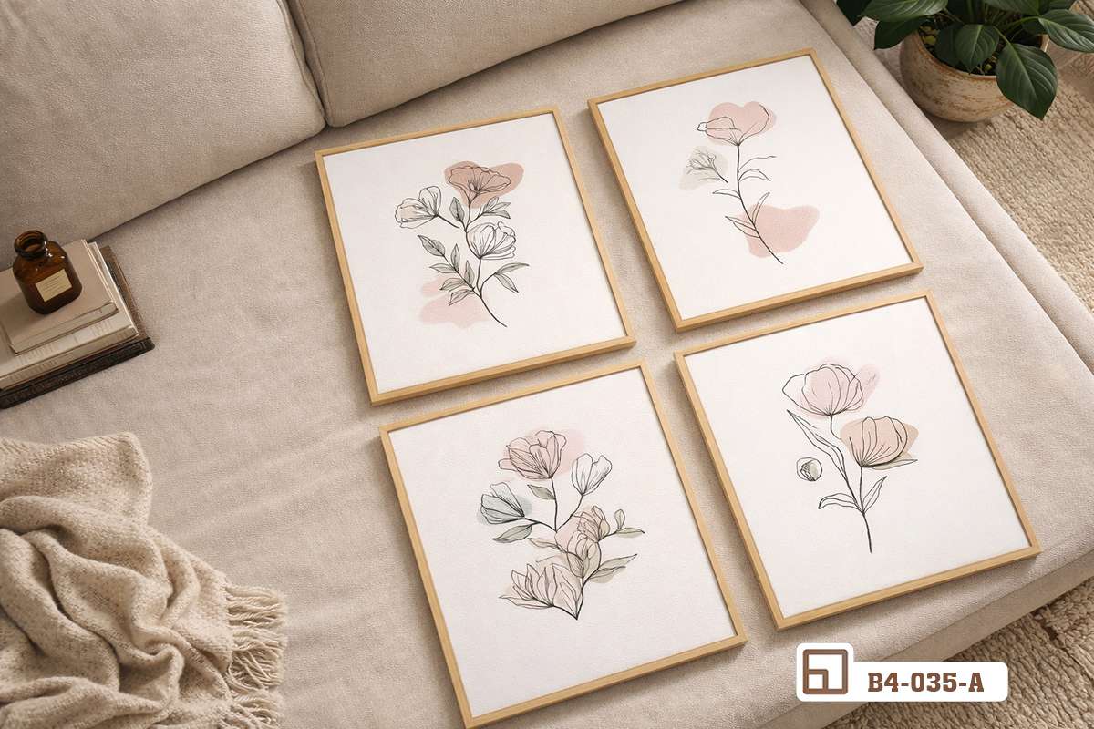 tranh hoa lá nghệ thuật góc chụp cận cảnh bộ khung tranh treo tường bộ tranh hoa lá nghệ thuật chụp góc cận cảnh chi tiết trang trí đầu giường phòng ngủ