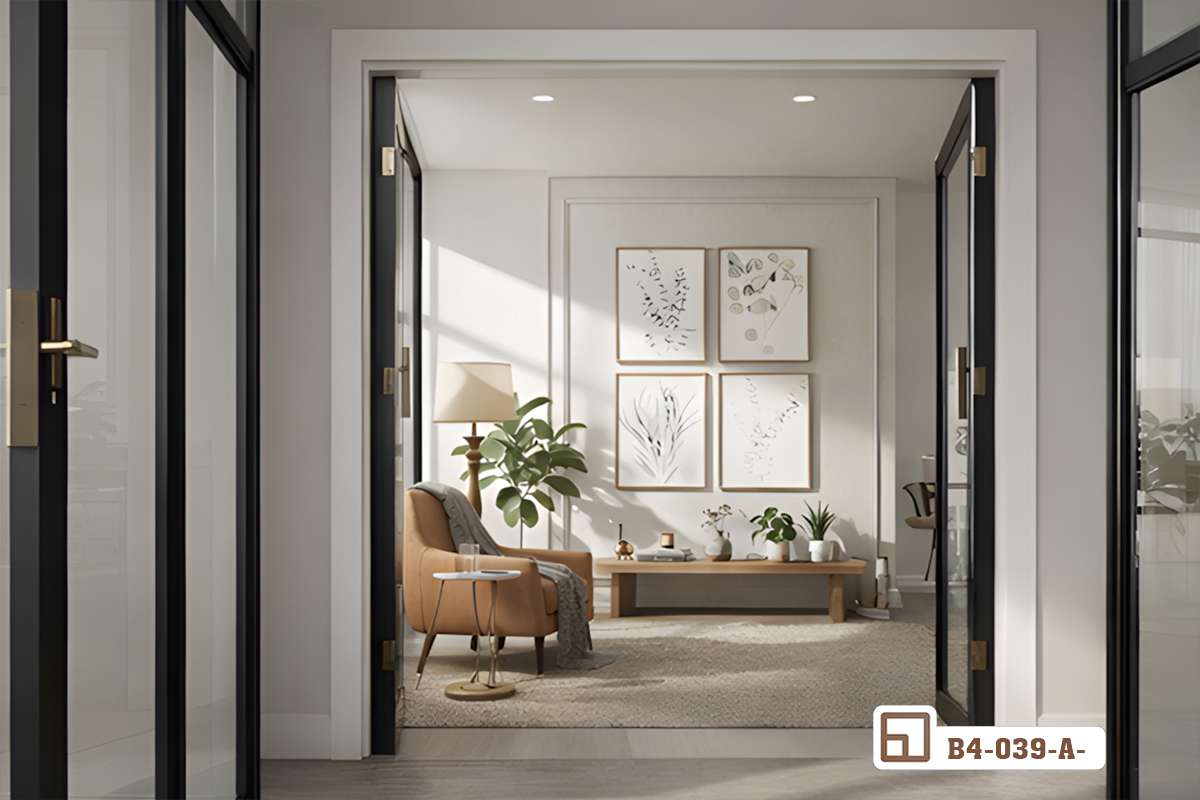 tranh lá cây tối giản treo tường phòng khách hiện đại nhìn từ khung cửa ra vào Góc phòng khách ấm cúng với bộ tranh lá cây tối giản treo tường và nội thất gỗ