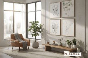 Tranh lá cây tối giản - Mang sức sống thiên nhiên tinh khôi vào không gian nhà B4 039 A m7 bo 4 tranh la cay toi gian doi xung phong khach xuongtranhcanvas