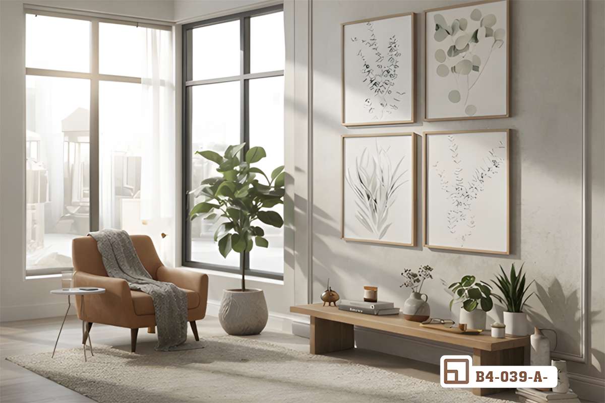 tranh lá cây tối giản bố trí nghệ thuật đối xứng trên bức tường phòng khách lớn Bộ tranh lá cây tối giản tinh tế điểm tô mảng tường phòng khách hiện đại