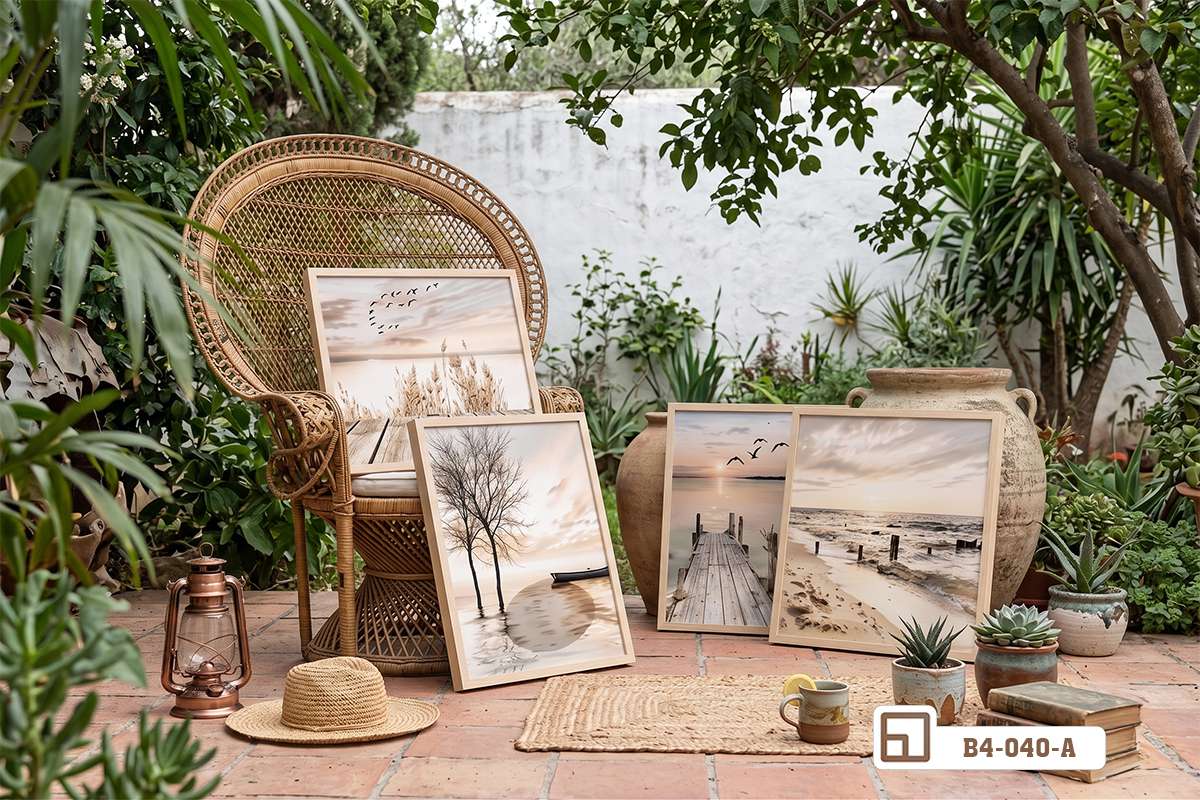 bộ tranh canvas phong cảnh tựa ghế mây ngoài ban công nhiều cây xanh Bộ tranh canvas phong cảnh thiên nhiên được đặt tựa nghệ thuật lên chiếc ghế mây mộc mạc giữa khu vườn ngập tràn cây xanh tươi mát