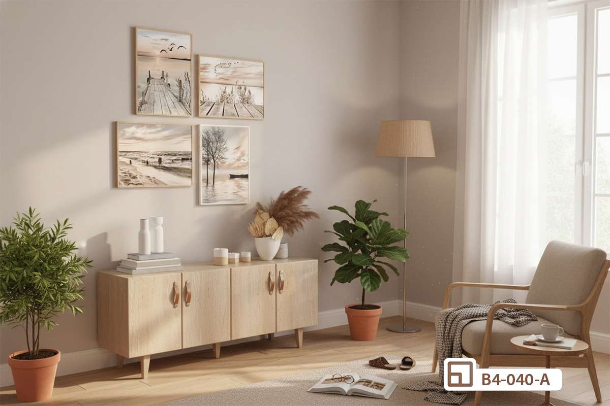 bộ tranh phong cảnh treo tường trên kệ gỗ phòng khách hiện đại ngập ánh nắng Bộ tranh phong cảnh thiên nhiên treo tường tinh tế phía trên tủ kệ gỗ dài đặt sát mảng tường sơn màu be nhẹ nhàng