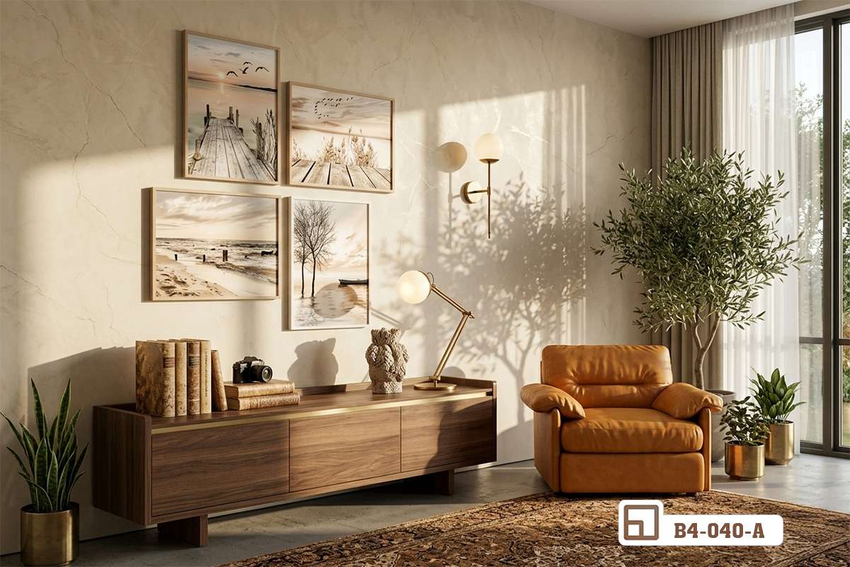 bộ tranh nghệ thuật thiên nhiên bố trí cạnh ghế sofa da bò và cửa sổ lớn Bộ tranh nghệ thuật phong cảnh thiên nhiên bố trí sang trọng trên tường phòng khách bên chiếc ghế sofa da bò cao cấp và chậu cây xanh