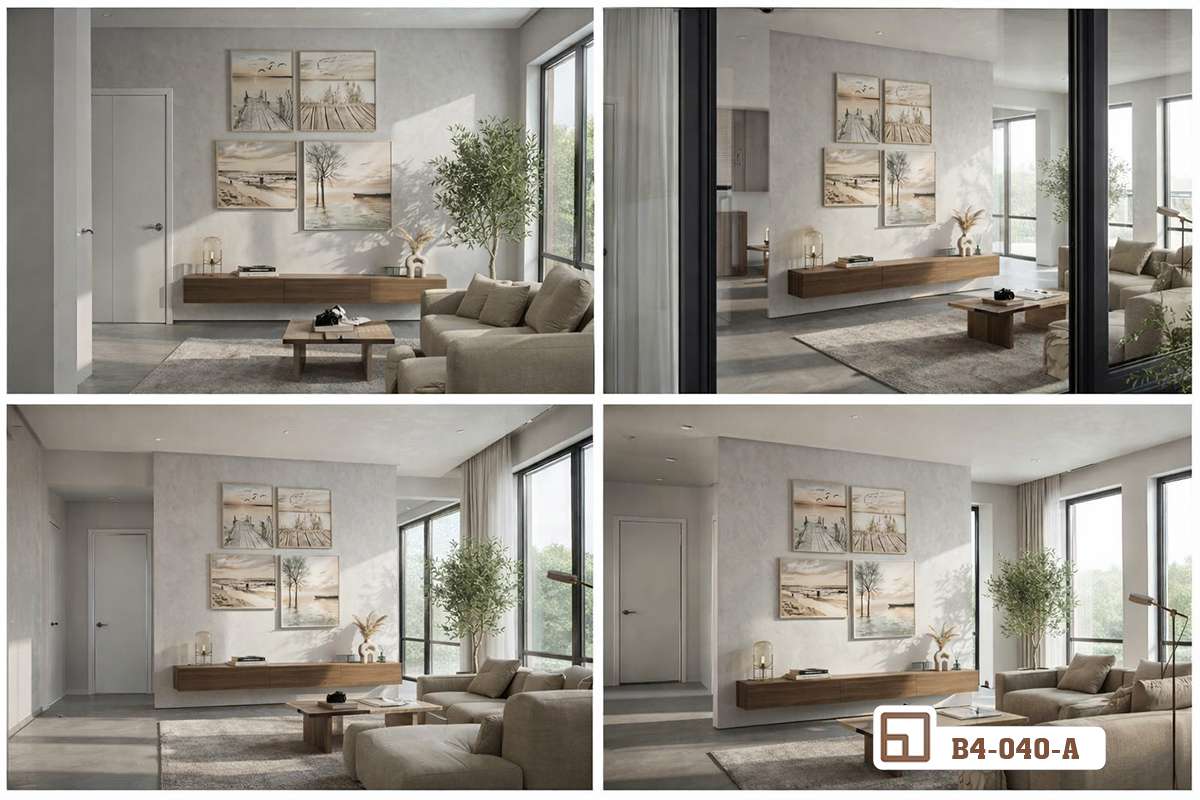 bộ tranh phong cảnh thiên nhiên tổng hợp bốn góc nhìn phòng khách hiện đại Bốn phối cảnh góc chụp khác nhau của bộ tranh phong cảnh thiên nhiên trong không gian phòng khách hiện đại thông thoáng