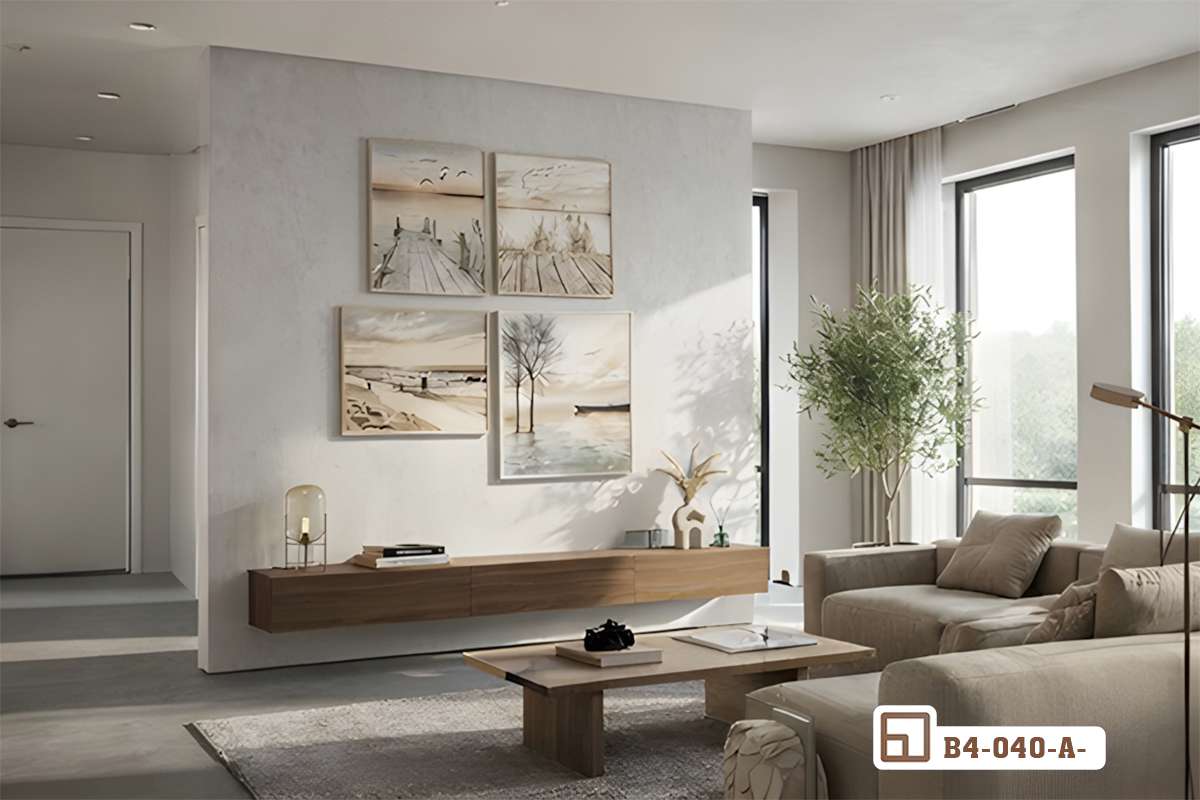 bộ tranh phong cảnh thiên nhiên bố trí đối xứng phòng khách rộng rãi Bộ tranh phong cảnh thiên nhiên ghép bốn khung bố trí cân đối trên bức tường phòng khách sang trọng cạnh đèn cây trang trí