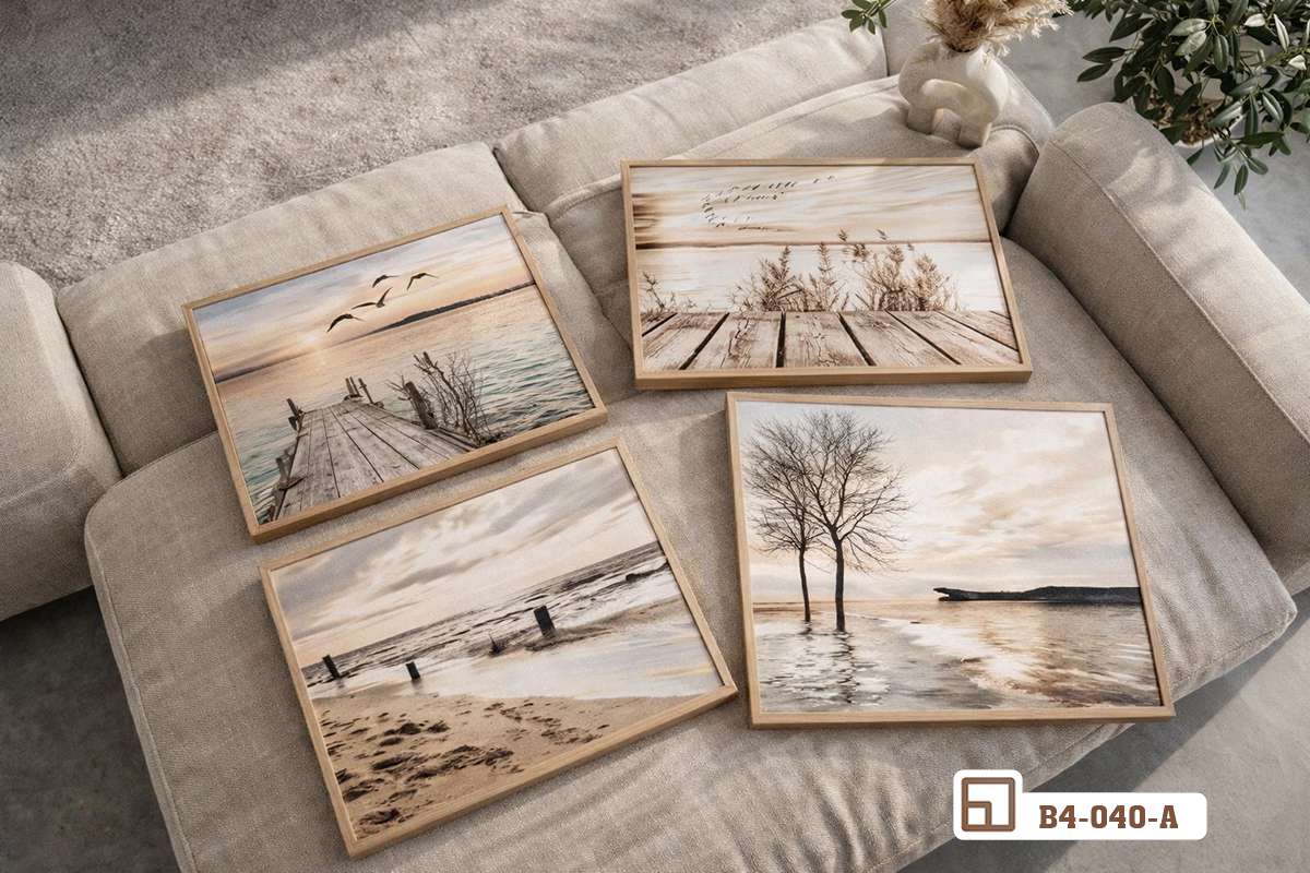 bộ tranh phong cảnh thiên nhiên xếp hàng trên bề mặt ghế sofa vải be Bộ tranh phong cảnh thiên nhiên được sắp đặt tựa nhẹ nhàng trên bề mặt bộ sofa vải màu be dưới ánh nắng chiếu dịu nhẹ