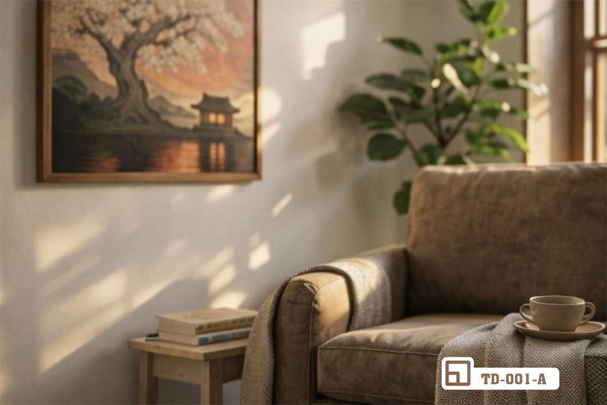 tranh phong cảnh nhật bản độc đáo trang trí góc phòng khách tĩnh lặng Góc phòng khách tĩnh lặng với chiếc ghế sofa êm ái kết hợp cùng bức tranh phong cảnh nhật bản mang lại cảm giác bình yên