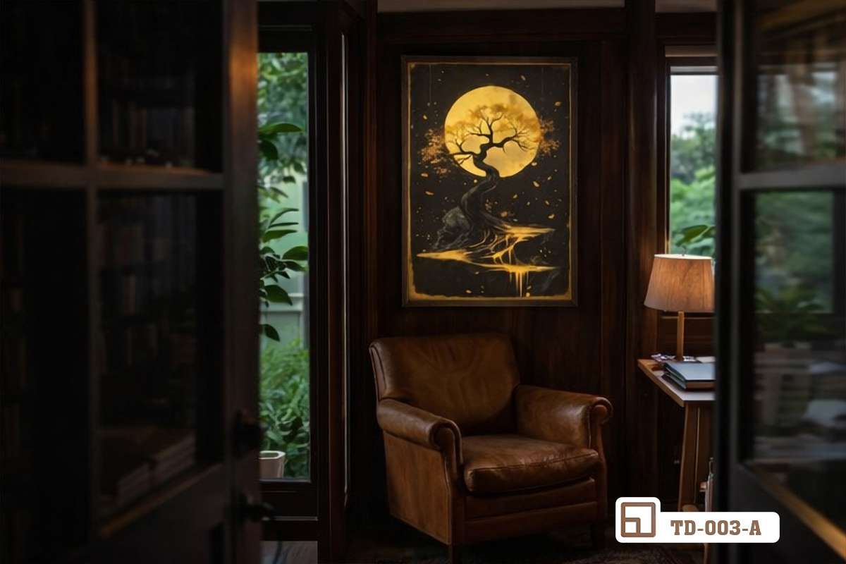 tranh dát vàng cao cấp treo tường thư phòng gỗ trầm mặc tĩnh lặng đầy chiều sâu Bức tranh dát vàng cao cấp được treo trang trọng trên tường gỗ tối màu của không gian thư phòng yên tĩnh