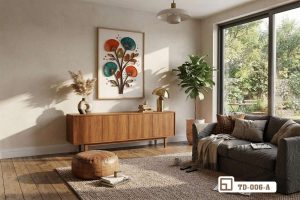TD 006 A m5 tranh hoa giay kho lon ket hop ban console go va ghe sofa phong khach rong xuongtranhcanvas